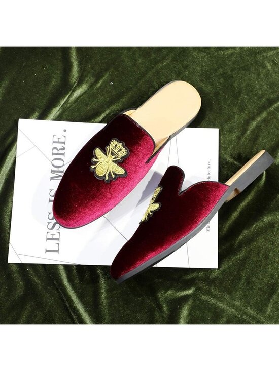 Men\'s Red Rubber Sole Velvet Leather Crown Embroidery Slip On Loafer Slippers main image 6
